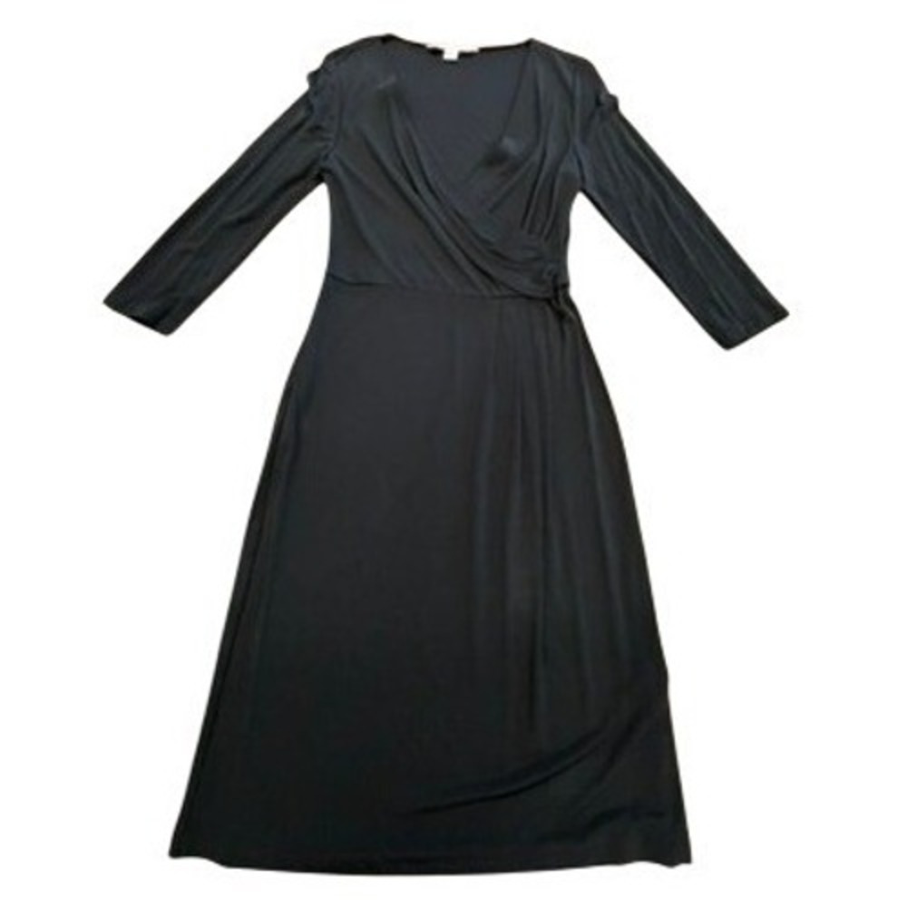 Diane von Furstenberg Black Jersey Faux Wrap Midi Dress Size 8 3/4 Sleeve LBD
